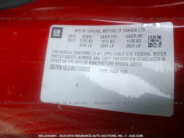 2G1FK1EJ3B9193953 - 2011 CHEVROLET CAMARO 2SS RED photo 9