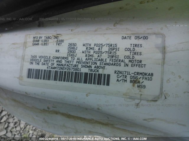 4TAWM72N5YZ675801 - 2000 TOYOTA TACOMA XTRACAB WHITE photo 9