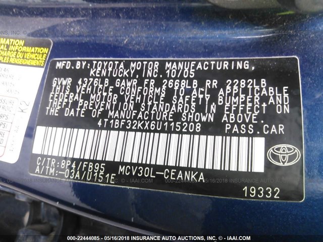 4T1BF32KX6U115208 - 2006 TOYOTA CAMRY LE/XLE/SE ლურჯი ფოტო 9
