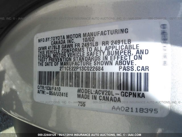 2T1CE22P13C022684 - 2003 TOYOTA CAMRY SOLARA SE SILVER photo 9