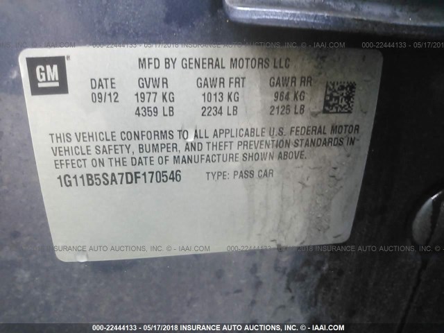 1G11B5SA7DF170546 - 2013 CHEVROLET MALIBU LS ლურჯი ფოტო 9