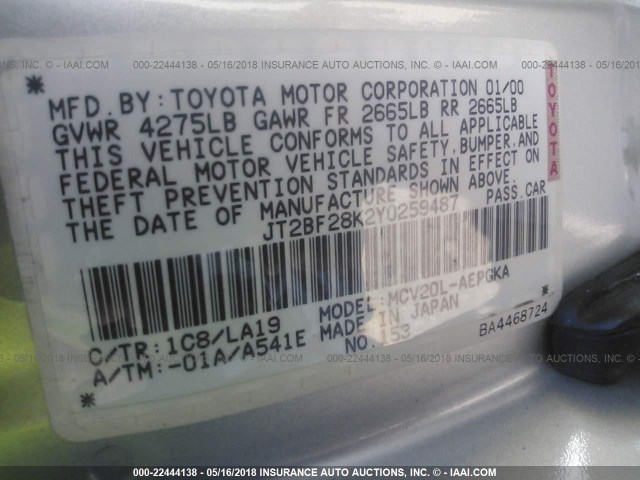 JT2BF28K2Y0259487 - 2000 TOYOTA CAMRY LE/XLE SILVER photo 9