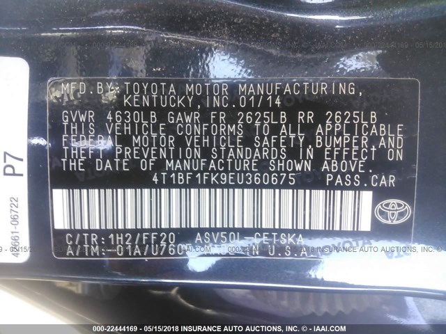 4T1BF1FK9EU360675 - 2014 TOYOTA CAMRY L/SE/LE/XLE Dark Blue photo 9