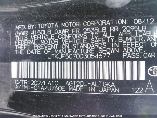 JTKJF5C70D3054677 - 2013 TOYOTA SCION TC 黑色 照片 9