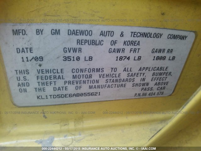 KL1TD5DE6AB055621 - 2010 CHEVROLET AVEO LS/LT YELLOW photo 9