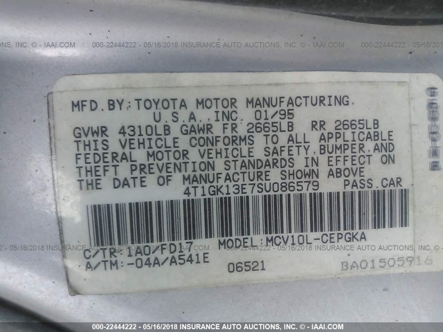 4T1GK13E7SU086579 - 1995 TOYOTA CAMRY XLE Light Blue photo 9