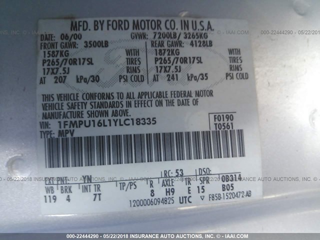 1FMPU16L1YLC18335 - 2000 FORD EXPEDITION XLT SILVER photo 9
