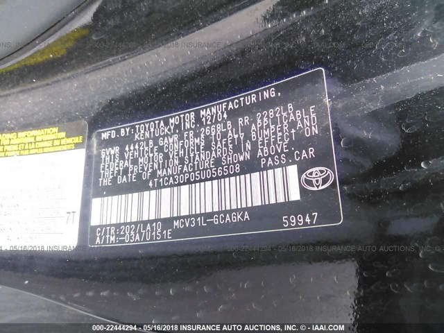 4T1CA30P05U056508 - 2005 TOYOTA CAMRY SOLARA SE/SLE შავი ფოტო 9