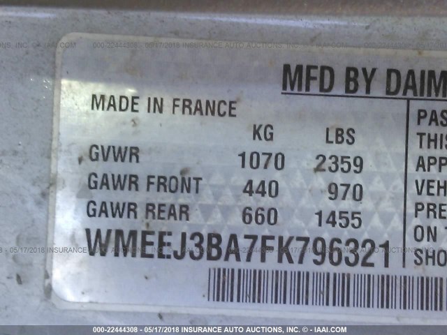 WMEEJ3BA7FK796321 - 2015 SMART FORTWO PURE/PASSION WHITE photo 9