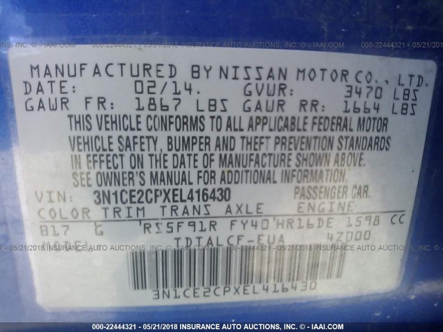 3N1CE2CPXEL416430 - 2014 NISSAN VERSA NOTE S/S PLUS/SV/SL BLUE photo 9