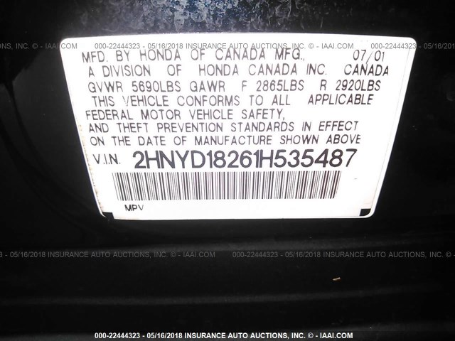 2HNYD18261H535487 - 2001 ACURA MDX BLACK photo 9