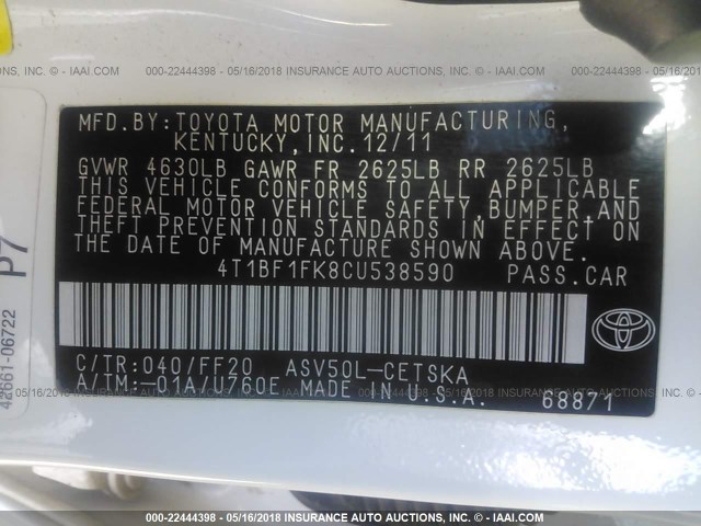4T1BF1FK8CU538590 - 2012 TOYOTA CAMRY SE/LE/XLE WHITE photo 9