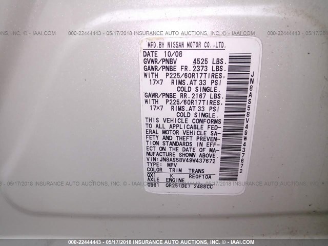 JN8AS58V49W437672 - 2009 NISSAN ROGUE S/SL WHITE photo 9