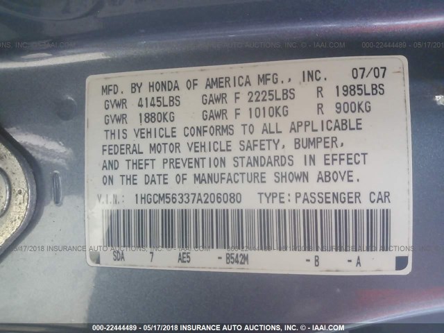 1HGCM56337A206080 - 2007 HONDA ACCORD SE GRAY photo 9