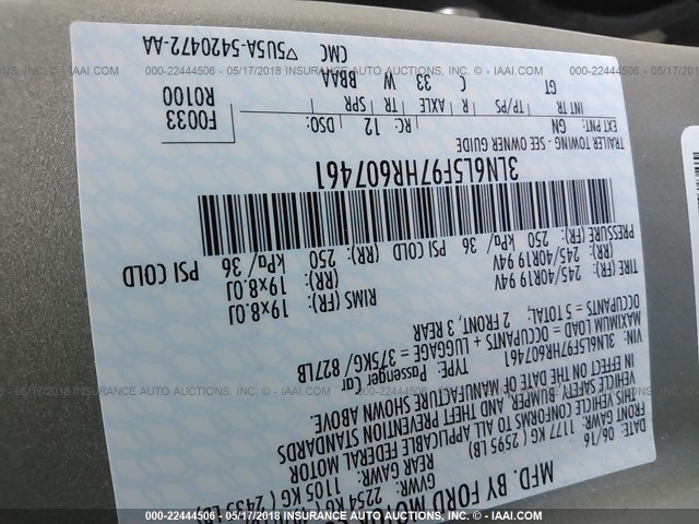 3LN6L5F97HR607461 - 2017 LINCOLN MKZ RESERVE ოქროსფერი ფოტო 9