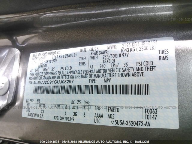 5LMCJ2C91GUJ08297 - 2016 LINCOLN MKC SELECT 香槟色 照片 9