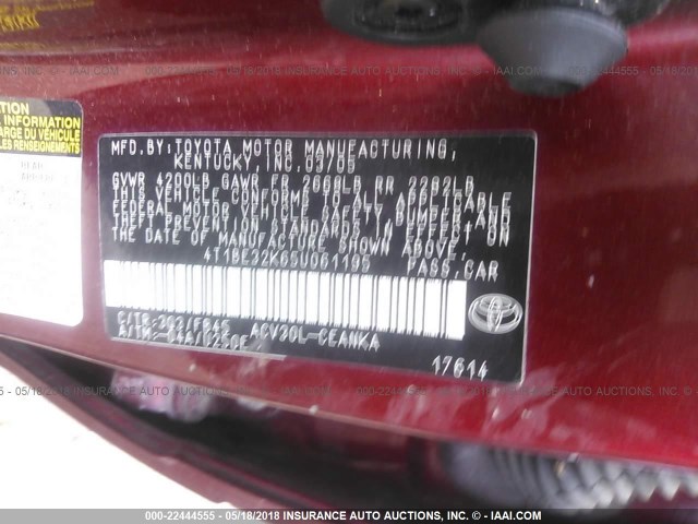 4T1BE32K65U061195 - 2005 TOYOTA CAMRY LE/XLE/SE RED photo 9