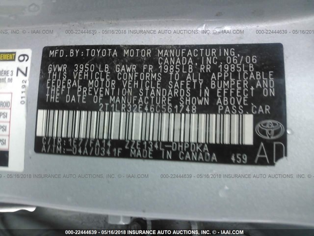 2T1LR32E46C561748 - 2006 TOYOTA COROLLA MATRIX XR SILVER photo 9