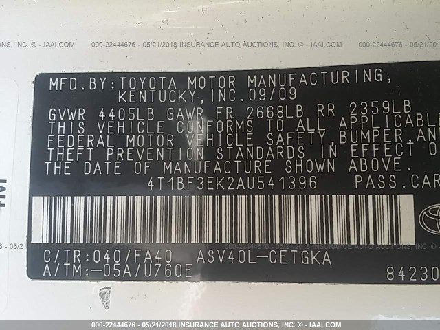 4T1BF3EK2AU541396 - 2010 TOYOTA CAMRY SE/LE/XLE 白色 照片 9