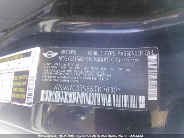 WMWRC33586TK70301 - 2006 MINI COOPER 黑色 照片 9