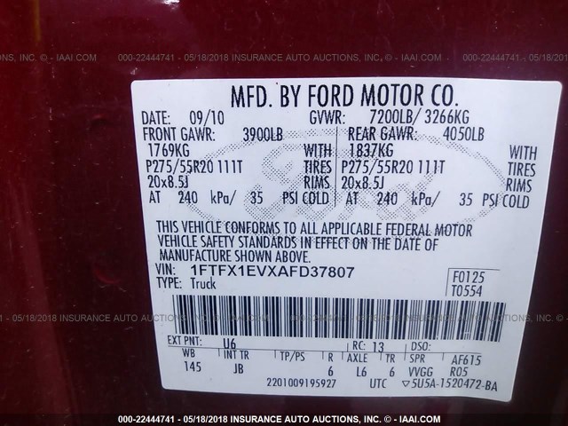 1FTFX1EVXAFD37807 - 2010 FORD F150 SUPER CAB RED photo 9