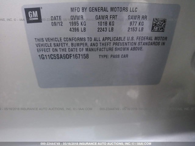 1G11C5SA9DF167158 - 2013 CHEVROLET MALIBU 1LT 米色 照片 9