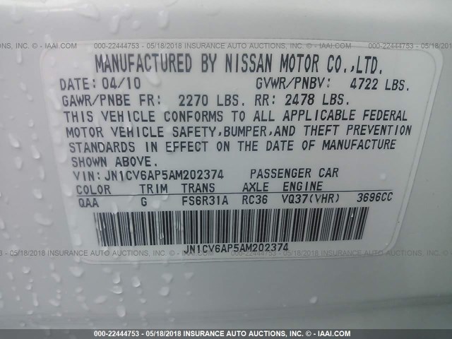 JN1CV6AP5AM202374 - 2010 INFINITI G37 SPORT WHITE photo 9