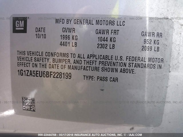 1G1ZA5EU6BF228199 - 2011 CHEVROLET MALIBU LS SILVER photo 9