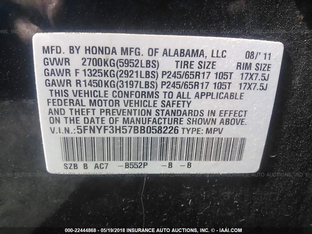 5FNYF3H57BB058226 - 2011 HONDA PILOT EXL BLUE photo 9