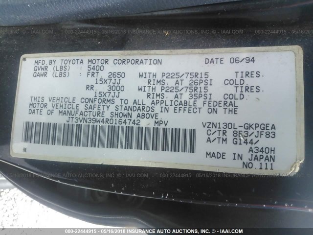 JT3VN39W4R0164742 - 1994 TOYOTA 4RUNNER VN39 SR5 蓝色 照片 9