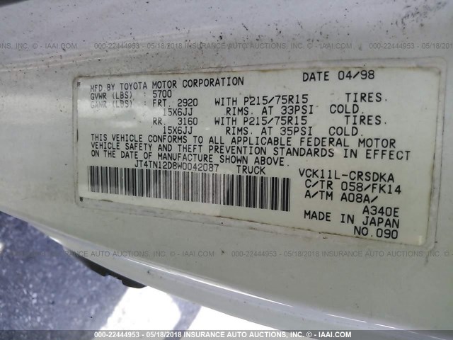 JT4TN12D8W0042087 - 1998 TOYOTA T100 XTRACAB WHITE photo 10