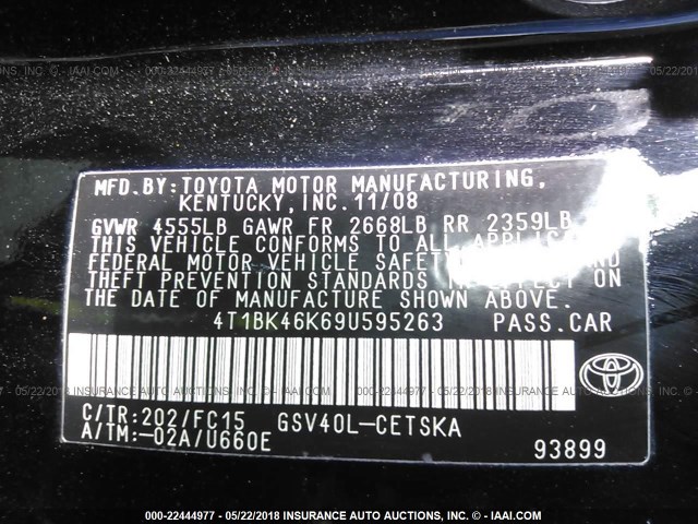 4T1BK46K69U595263 - 2009 TOYOTA CAMRY SE/LE/XLE 黑色 照片 9