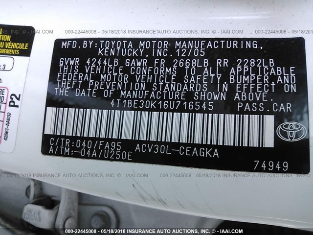 4T1BE30K16U716545 - 2006 TOYOTA CAMRY LE/XLE/SE Ağ foto 9