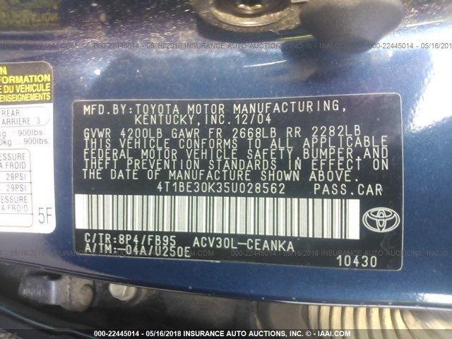 4T1BE30K35U028562 - 2005 TOYOTA CAMRY LE/XLE/SE BLUE photo 9