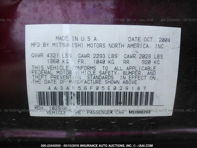 4A3AB56F05E029187 - 2005 MITSUBISHI GALANT ES PREMIUM/LS PREMIUM MAROON photo 9