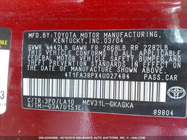 4T1FA38PX4U027484 - 2004 TOYOTA CAMRY SOLARA SE/SLE წითელი ფოტო 9