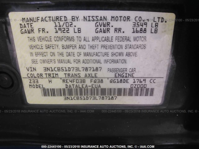 3N1CB51D73L787187 - 2003 NISSAN SENTRA XE/GXE GREEN photo 9