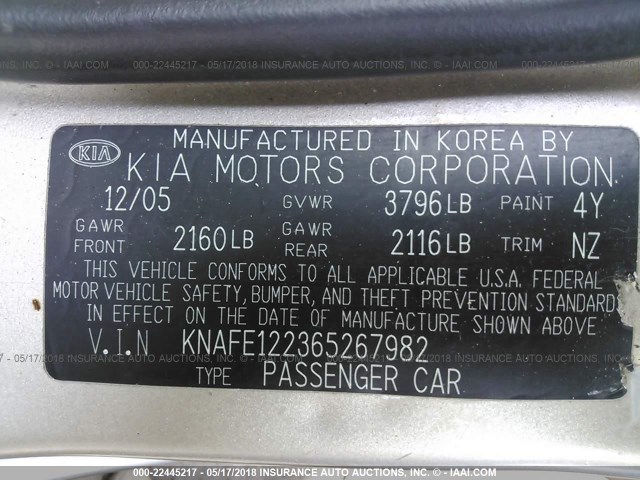 KNAFE122365267982 - 2006 KIA NEW SPECTRA LX/EX GOLD photo 9