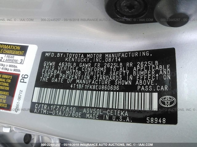 4T1BF1FK8EU860696 - 2014 TOYOTA CAMRY L/SE/LE/XLE 灰色 照片 9