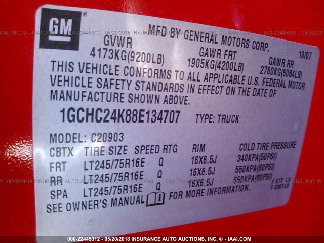 1GCHC24K88E134707 - 2008 CHEVROLET SILVERADO C2500 HEAVY DUTY RED photo 9