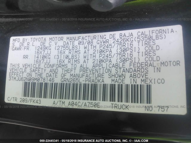 3TMJU62N09M078146 - 2009 TOYOTA TACOMA DOUBLE CAB PRERUNNER BLACK photo 9