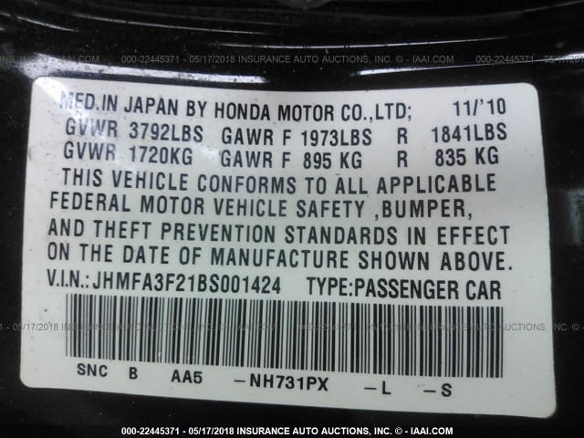 JHMFA3F21BS001424 - 2011 HONDA CIVIC HYBRID BLACK photo 9