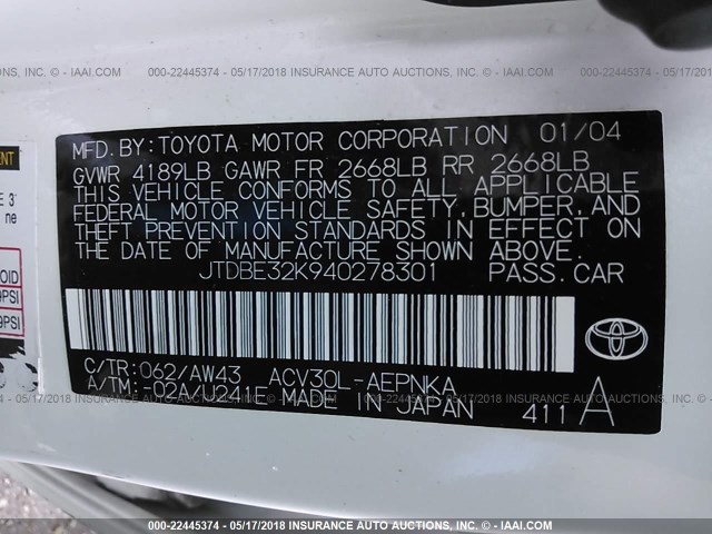 JTDBE32K940278301 - 2004 TOYOTA CAMRY LE/XLE WHITE photo 9