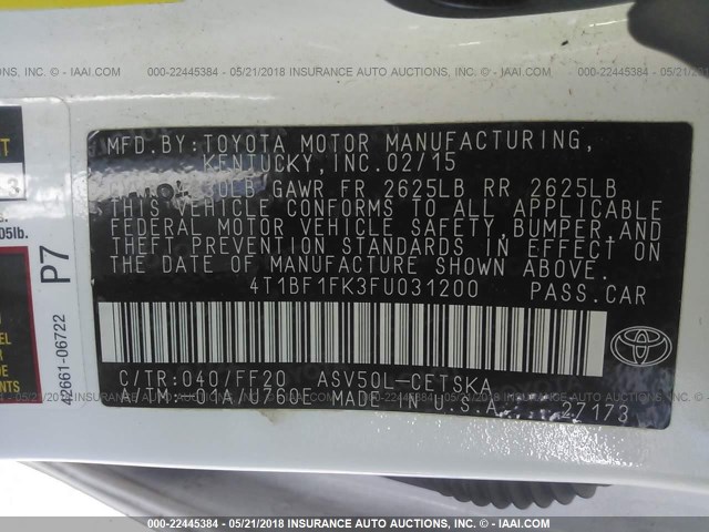 4T1BF1FK3FU031200 - 2015 TOYOTA CAMRY LE/XLE/SE/XSE WHITE photo 9