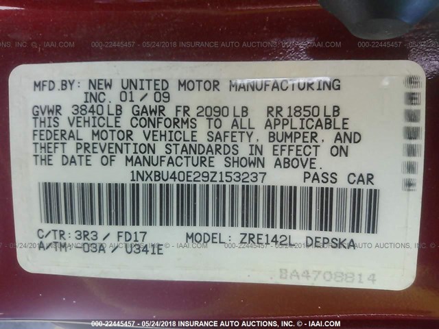 1NXBU40E29Z153237 - 2009 TOYOTA COROLLA S/LE/XLE RED photo 9