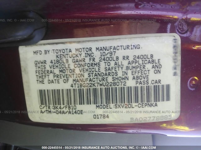 4T1BG22K7WU228072 - 1998 TOYOTA CAMRY CE/LE/XLE RED photo 9