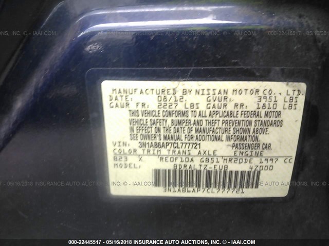 3N1AB6AP7CL777721 - 2012 NISSAN SENTRA 2.0/2.0S/SR/2.0SL BLUE photo 9