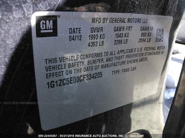 1G1ZC5E00CF334205 - 2012 CHEVROLET MALIBU 1LT 灰色 照片 9