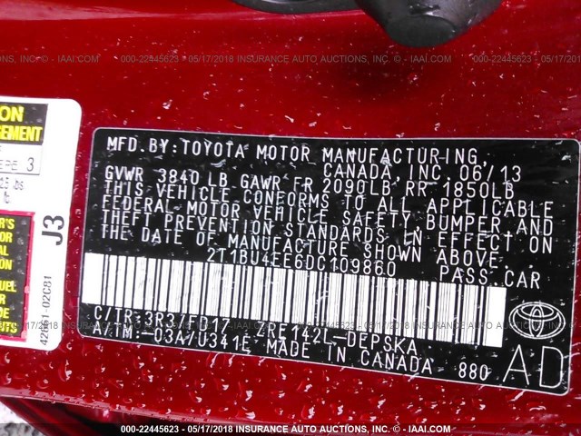 2T1BU4EE6DC109860 - 2013 TOYOTA COROLLA S/LE RED photo 9