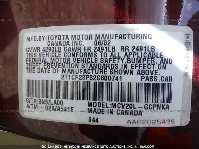 2T1CF28P32C600741 - 2002 TOYOTA CAMRY SOLARA SE/SLE RED photo 9